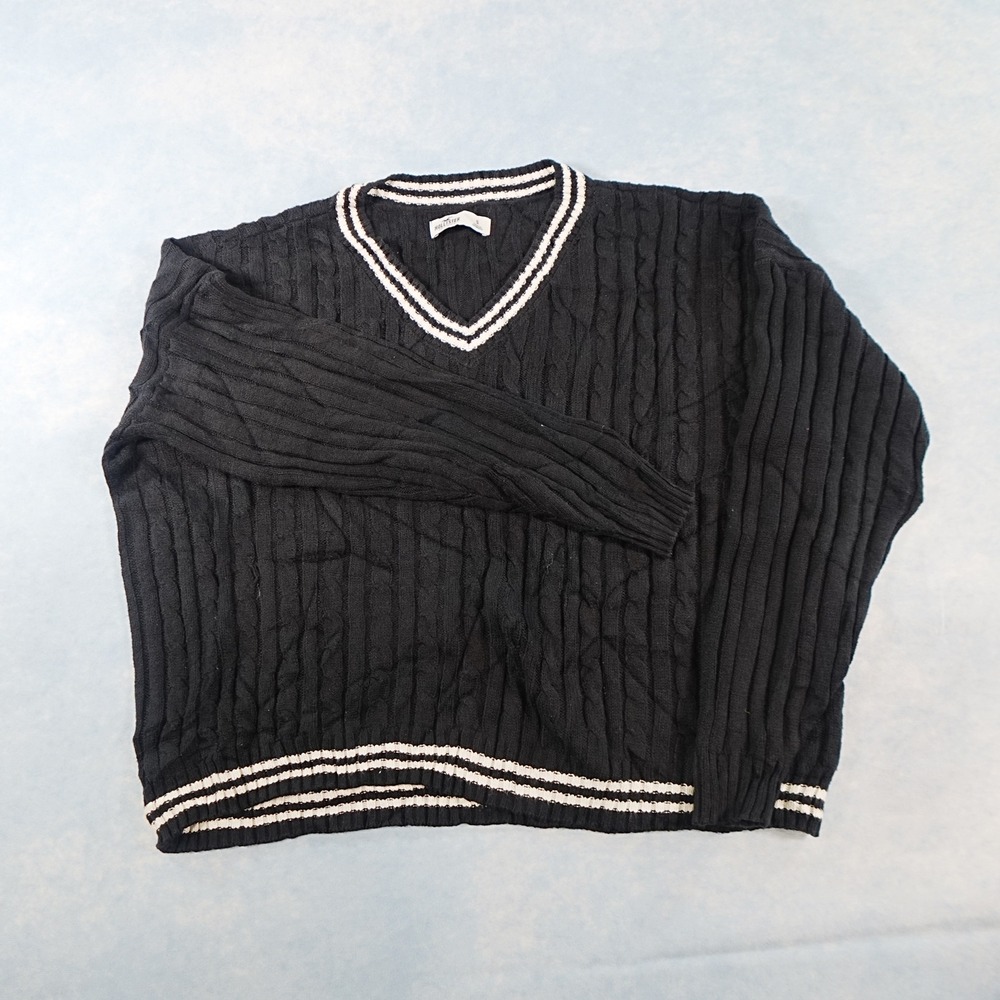 Hollister Mens Small Black Cable Knit V-Neck Varsity Stripe Sweater